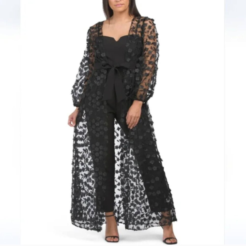 julia jordan Black Floral Appliqué Sheer Duster Jumpsuit